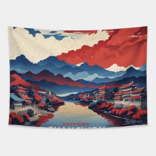 Changwon South Korea Starry Night Travel Tourism Retro Vintage Tapestry