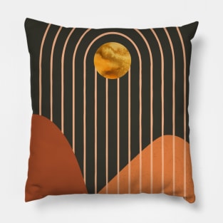 Mid century artwork of sun, archs and mountains. Pillow