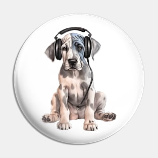 Watercolor Great Dane Dog with Headphones Pin