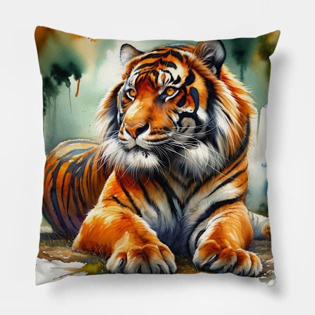 Whisper of the Wild: Striking Tiger Watercolor Pillow by Aquarelle Impressions