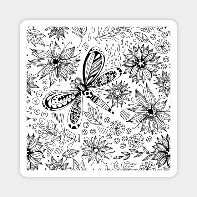 Dragonfly and flowers doodle Magnet by katerinamk