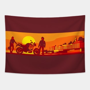 Motorcycle and couple at sunset Tapestry