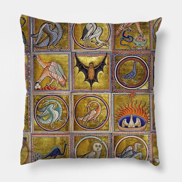 MEDIEVAL BESTIARY, FANTASTIC ANIMALS IN GOLD RED BLUE COLORS Pillow by BulganLumini