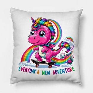 Unicorn Dinosaur Skateboard  Rainbow Adventure Dino Lover Top Pillow