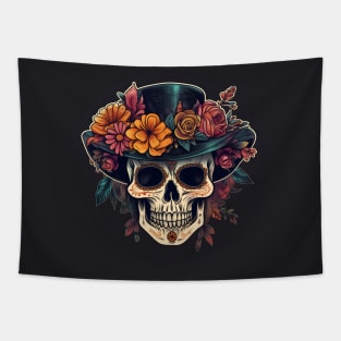 Floral Sugar Skull wearing Hat / Calavera de Azúcar Tapestry