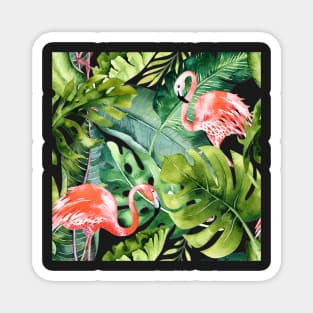 Pink Flamingos / Coral Orange and Dark Green Tropical Foliage Magnet