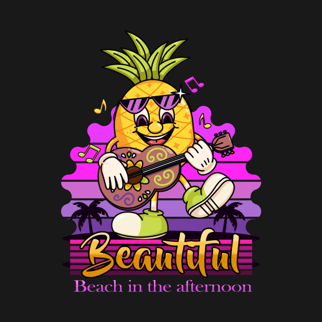 Beautiful beach in the afternoon, Cartoon character pineapple playing guitar on the beach by Vyndesign