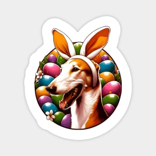 Ibizan Hound Celebrates Easter with Bunny Ears and Joy Magnet