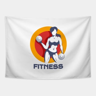 Colored Fitness Logo Design with Woman holds Dumbbells Tapestry