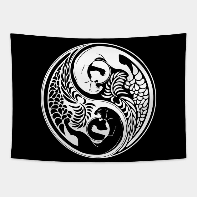 Yin Yang Wild Cat Black and White Tattoo Style Tapestry by BluedarkArt