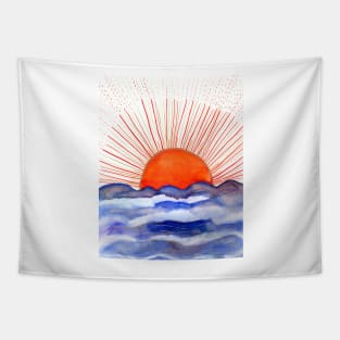 Golden Sun rising above the Ocean Watercolor Illustration Tapestry