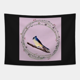 Little bird with wreath and lilac colored background Tapestry