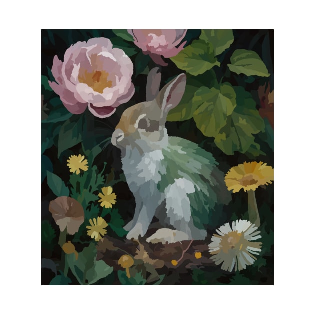 watercolor flowers surrounding a wild rabbit by Catbrat