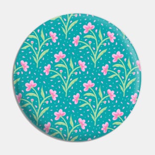 Pop of Pink Flowers - Bright Floral Pattern on Turquoise Pin