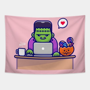 Cute Frankenstein Working On Laptop With Candy And  Coffee Cartoon Tapestry