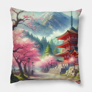 Japanese Red Temple with Cherry Blossom and Mountain - Anime Drawing Pillow