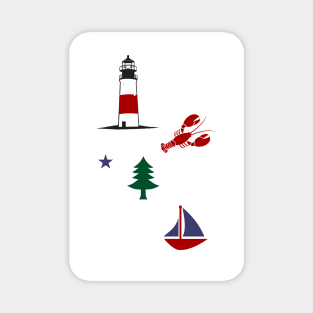 Maine Things -- lobster, sailboat, pine tree flag, lighthouse Magnet