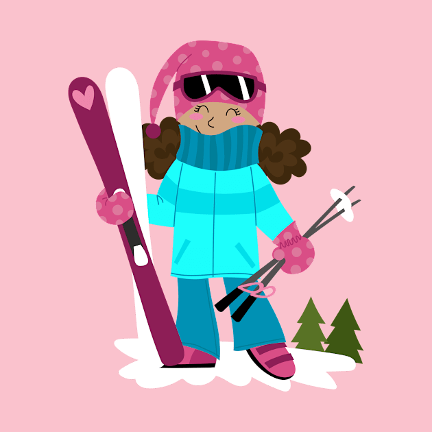 Skier girl in blue suit and pink skis by JoanaJuheLaju1