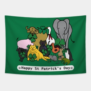Animals Hold a Shamrock with Text Happy St Patricks Day Tapestry