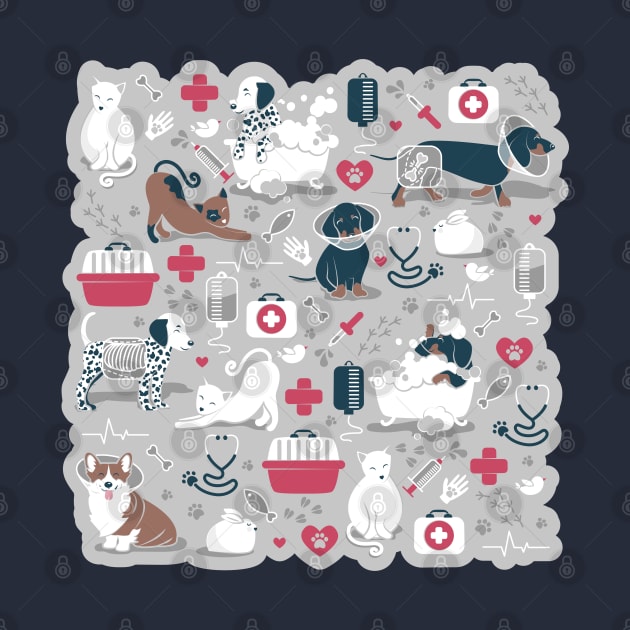 Veterinary medicine, happy and healthy friends // grey background red details navy blue white and brown cats dogs and other animals by SelmaCardoso