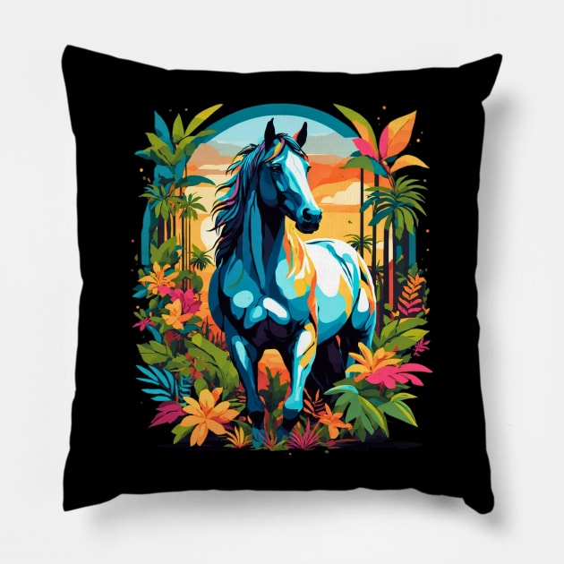 Horse in surreal fantasy forest sunset retro poster design Pillow by Neon City Bazaar