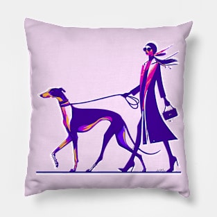 Lady Walking Greyhound Dog Retro Pillow