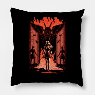 Blond Girl in dress walking out of hell Pillow