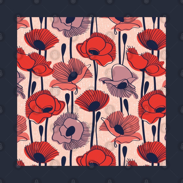 Field of poppies // pattern // rose background neon red orange shade coral and dry rose wildflowers oxford blue line contour by SelmaCardoso