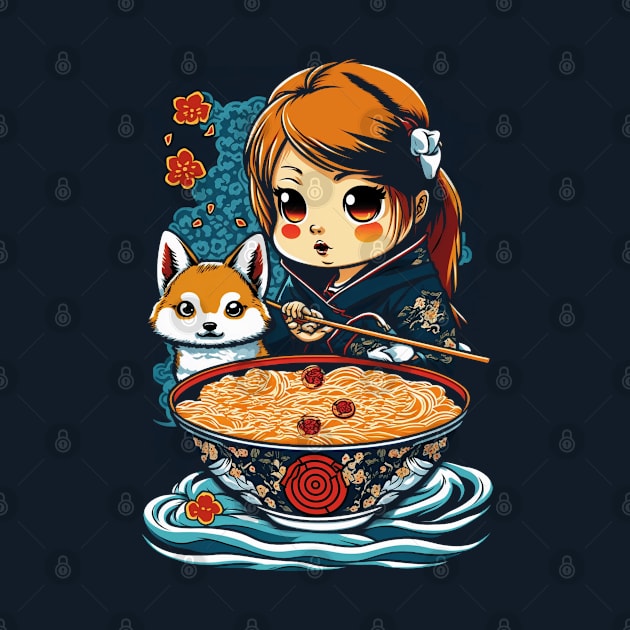 Cute kawaii girl with Shiba Inu dog loves ramen by tatadonets