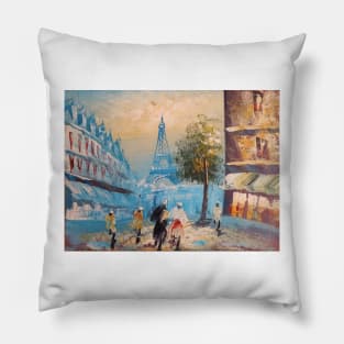 Paris Eiffel Tower, France, Oil Painting on Canvas of Street View with People Pillow