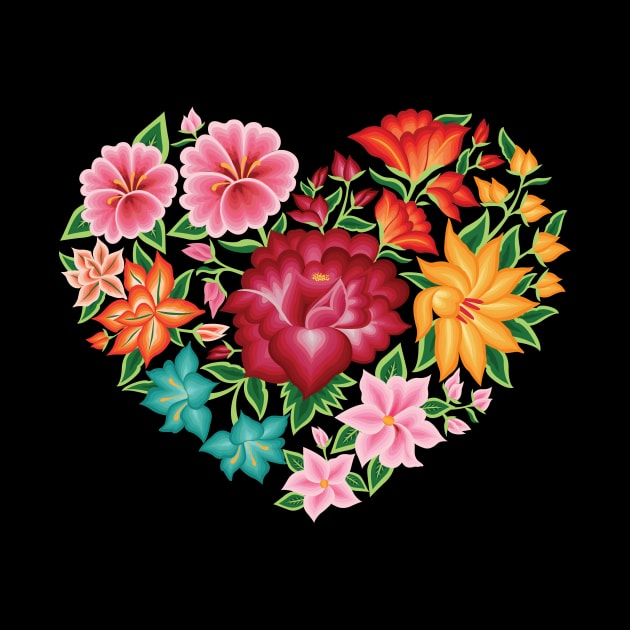 Mexican Embroidery Style Heart Design from Oaxaca, México (Black Background) by Akbaly