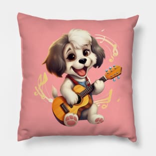 Adorable Girl Puppy playing on Guitar Pillow