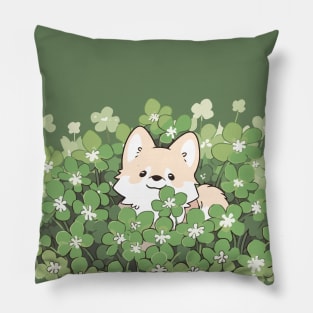 Pomeranian puppy in a clover field Pillow