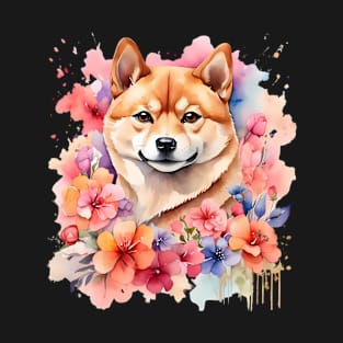 A shiba inu decorated with beautiful watercolor flowers T-Shirt