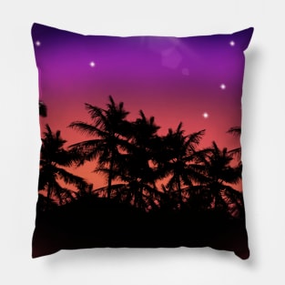 Midnight Purple Sky with Glowing Stars and Palm Trees Landscape Pillow