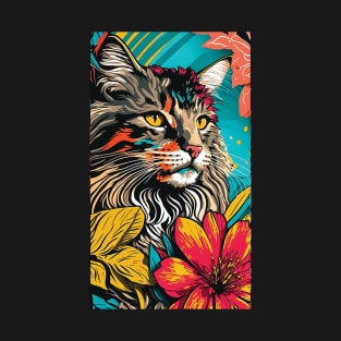 Maine Coon Cat Vibrant Tropical Flower Tall Retro Vintage Digital Pop Art Portrait T-Shirt