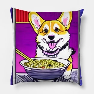 corgi eating ramen noodle soup. Pillow