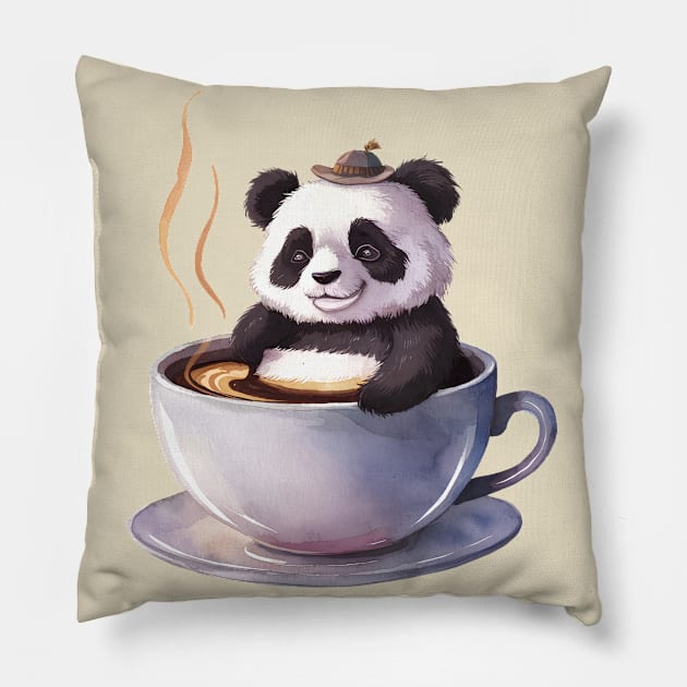 Cute Panda in a Coffee Mug Pillow by Prints.Berry