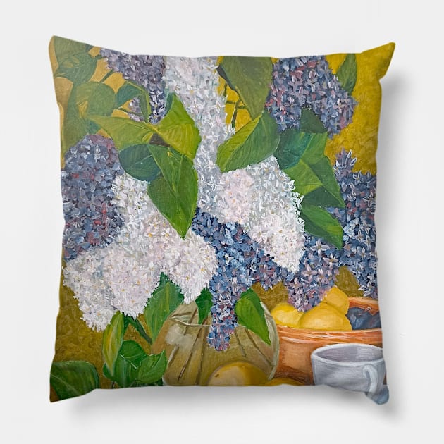 Still life with a bouquet of lilacs and fruits Pillow by TaliArtiYa