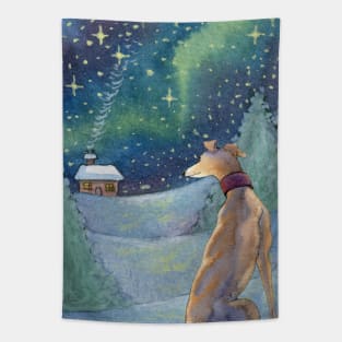 All is bright greyhound gazes out over a calm winter night Tapestry