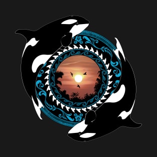 Twin Orcas on Polynesian Sunset T-Shirt