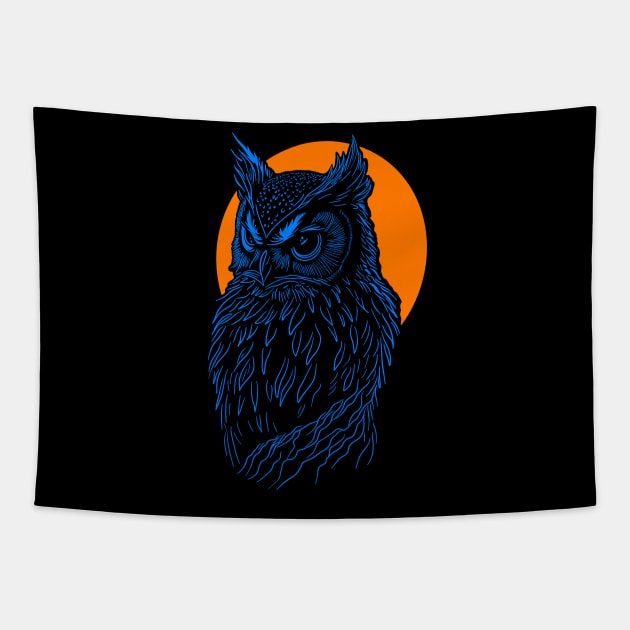 Blue Owl design in front of orange full moon. Tapestry by DaveDanchuk