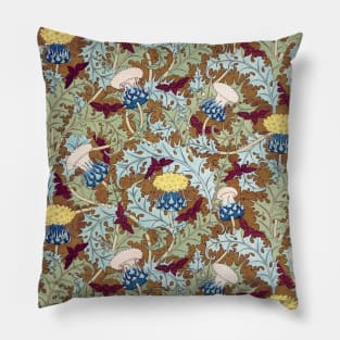 RAVENS,CICADAS,YELLOW WHITE THISTLES WITH GREEN LEAVES Art Nouveau Floral Pattern Pillow
