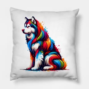 Vibrant Alaskan Malamute in Paint Splash Art Style Pillow