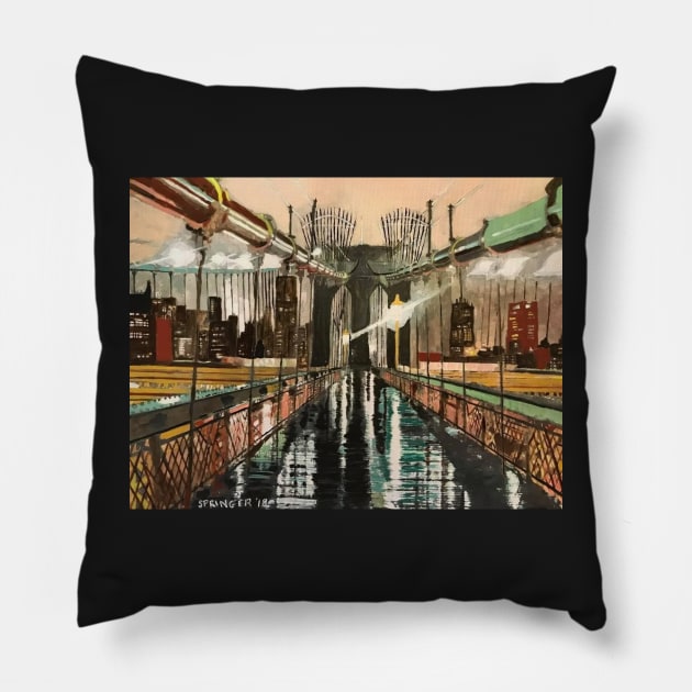 Brooklyn Bridge at night after the rain Pillow by gjspring