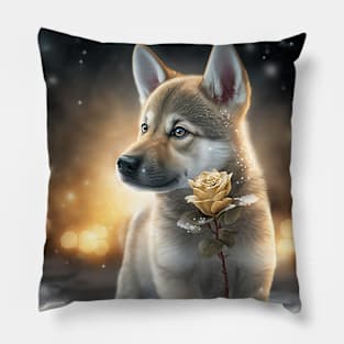 Wolfdog Puppy And A Rose Pillow