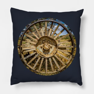 old rusty farm machine wheel in a farm Pillow