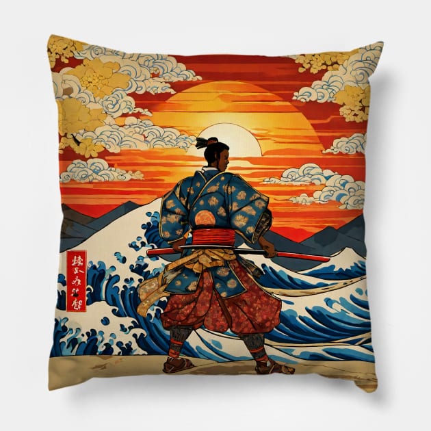 African Samurai Warrior Yasuke Ukiyo-e Pillow by ComicMoon