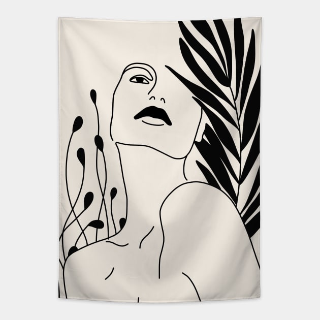 Woman Portrait And Plant Leaves Line Art Tapestry by Trippycollage