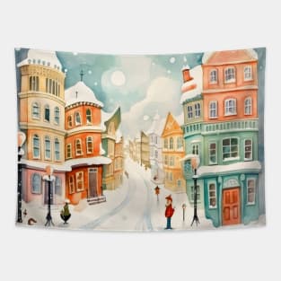 Victorian Reference Watercolor Drawing of a Winter Street Tapestry